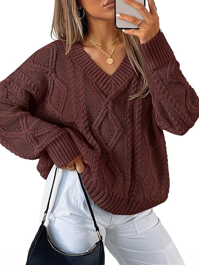 ZESICA Women's Fall Oversized Sweaters 2025 Casual Long Sleeve V Neck Cable Knit Trendy Pullover ... | Amazon (US)