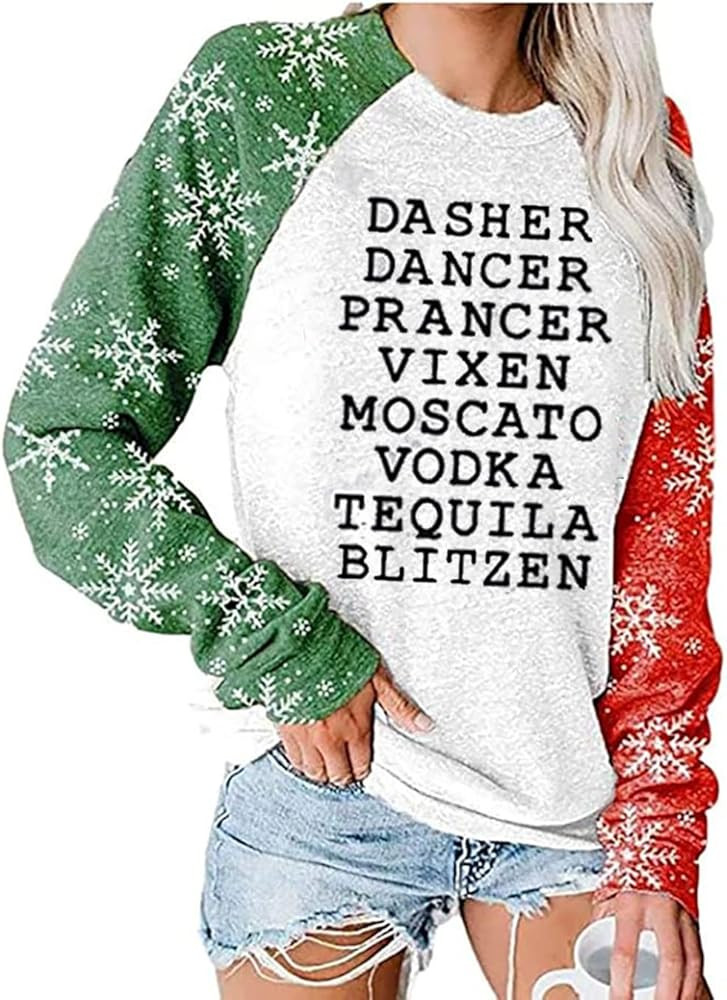 Womens Reindeer Alcohol Christmas Sweatshirt Dasher Dancer Prancer Vixen Moscato Vodka Blitzen Xm... | Amazon (US)