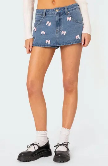 EDIKTED Alivia Satin Bow Denim Miniskort | Nordstrom | Nordstrom