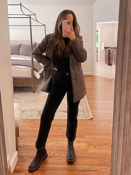 Fall outfit: black jeans, blazer coat and lug sole boots. All items run true to size (wearing S in tops and 26 in jeans)  

#LTKstyletip #LTKunder100 #LTKSeasonal