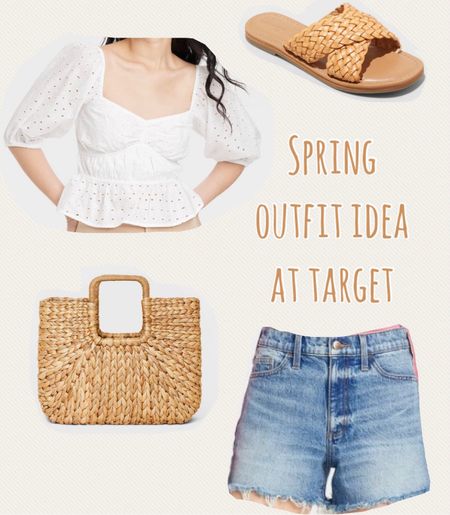 Saturday shares! Spring outfit idea! Spring tops and spring sandals! Blue Jean shorts, denim shorts, braided sandals, beach bag, beach purse, eyelet puff sleeve top  