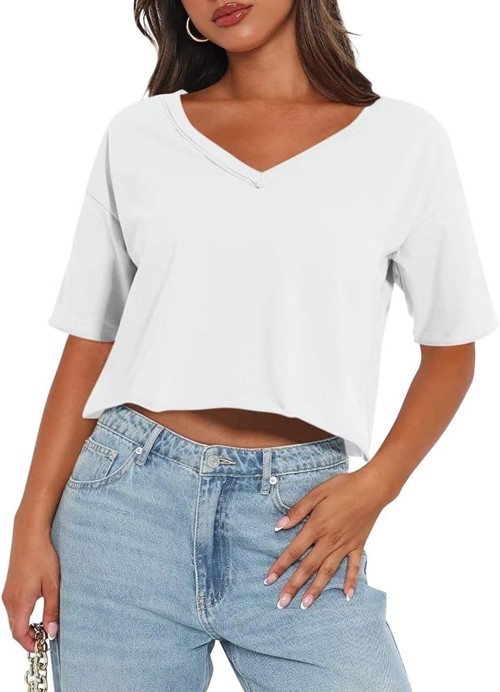 Women's Oversized Crop Tops V Neck Crop Tees Short Sleeve Boxy Tshirts Workout Summer Tops 2024 | Amazon (US)