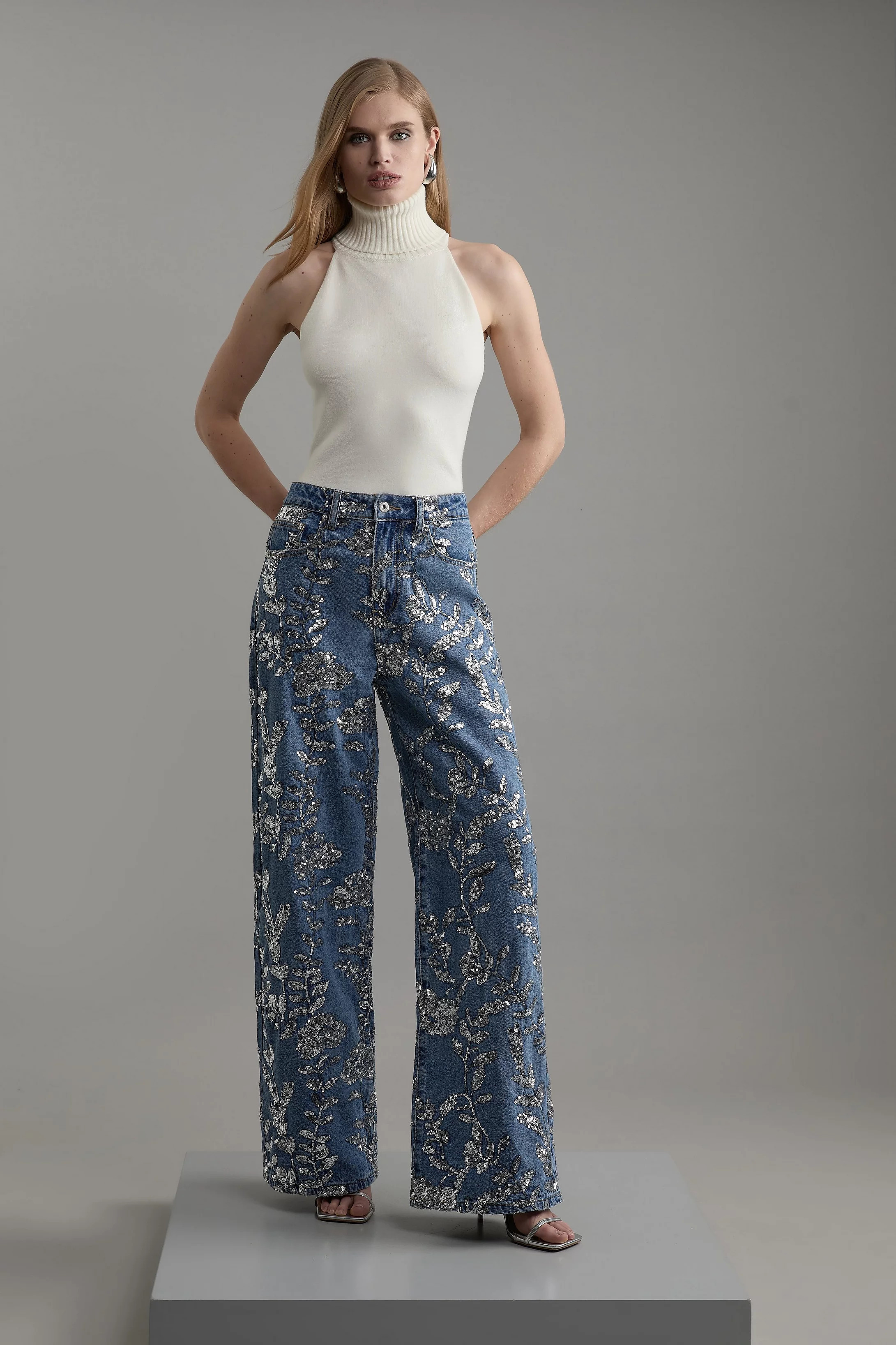 Denim All Over Floral Sequin Wide Leg Trousers | Karen Millen UK + IE + DE + NL