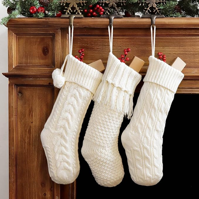 LimBridge Christmas Stockings Cable Knit, 3 Pack 18 inches White Large Size Knitted Stockings, Ru... | Amazon (US)