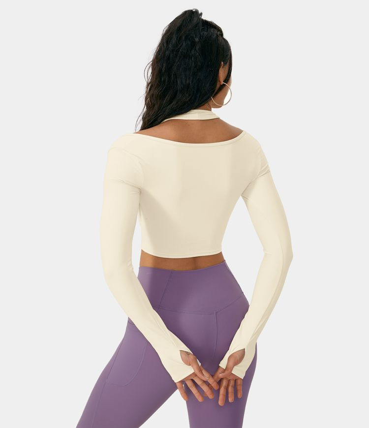 Women’s Cloudful™ Fabric Halter Thumb Hole Long Sleeve Cropped 2-in-1 Sports Top - HALARA | HALARA