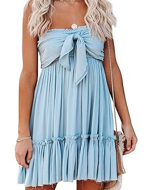 R.Vivimos Women's Summer Cotton Boho Beach Sleeveless Tie Front Mini Dress Tube Top Dress | Amazon (US)