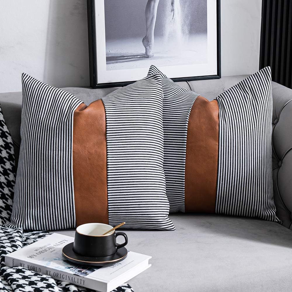 DEZENE Farmhouse Decorative Throw Pillow Covers, Set of 2 18x18 inch Striped Faux Leather Accent ... | Amazon (US)