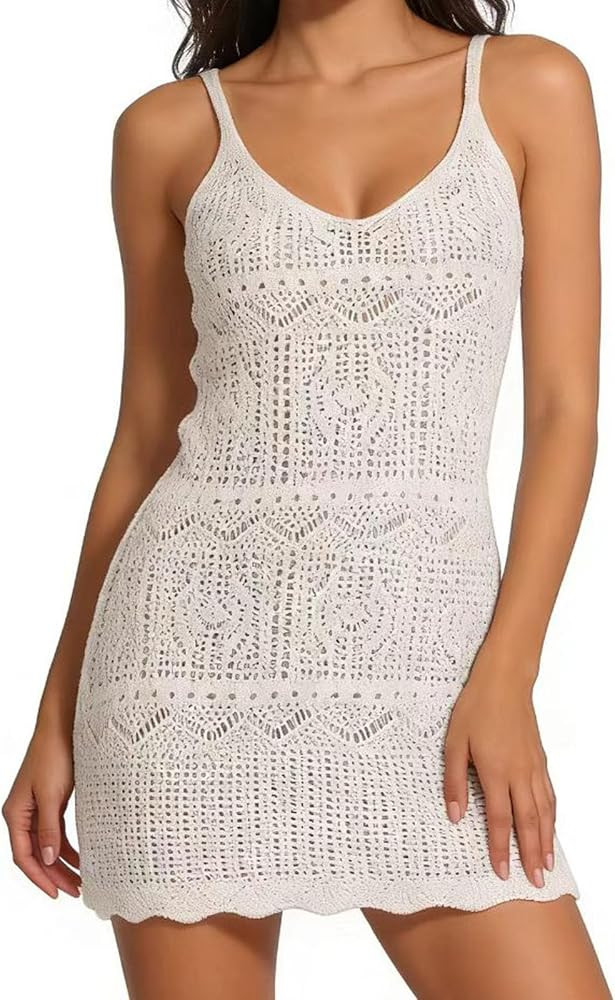 Women's Spring Summer White Crochet Knit V-Neck Sleeveless Bodycon Sweater Dress with Side Slit | Amazon (US)