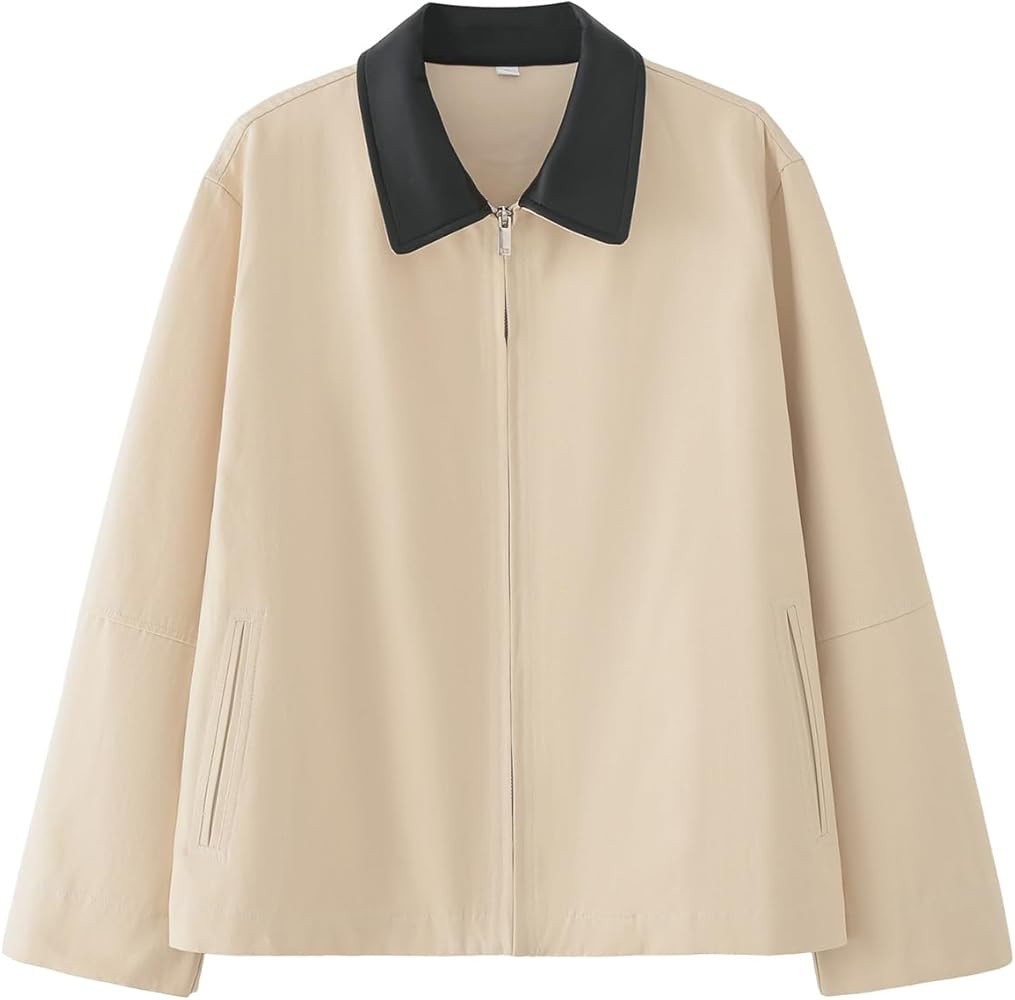 Shiyifa Womens Cropped Barn Jacket Contrast Collar Canvas Jackets Lightweight Utility Coat with P... | Amazon (US)