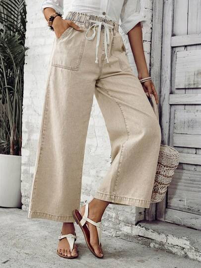 EMERY ROSE Women's Casual Everyday Commute Drawstring Waist Slant Pocket Loose Wide-Leg Jeans | SHEIN