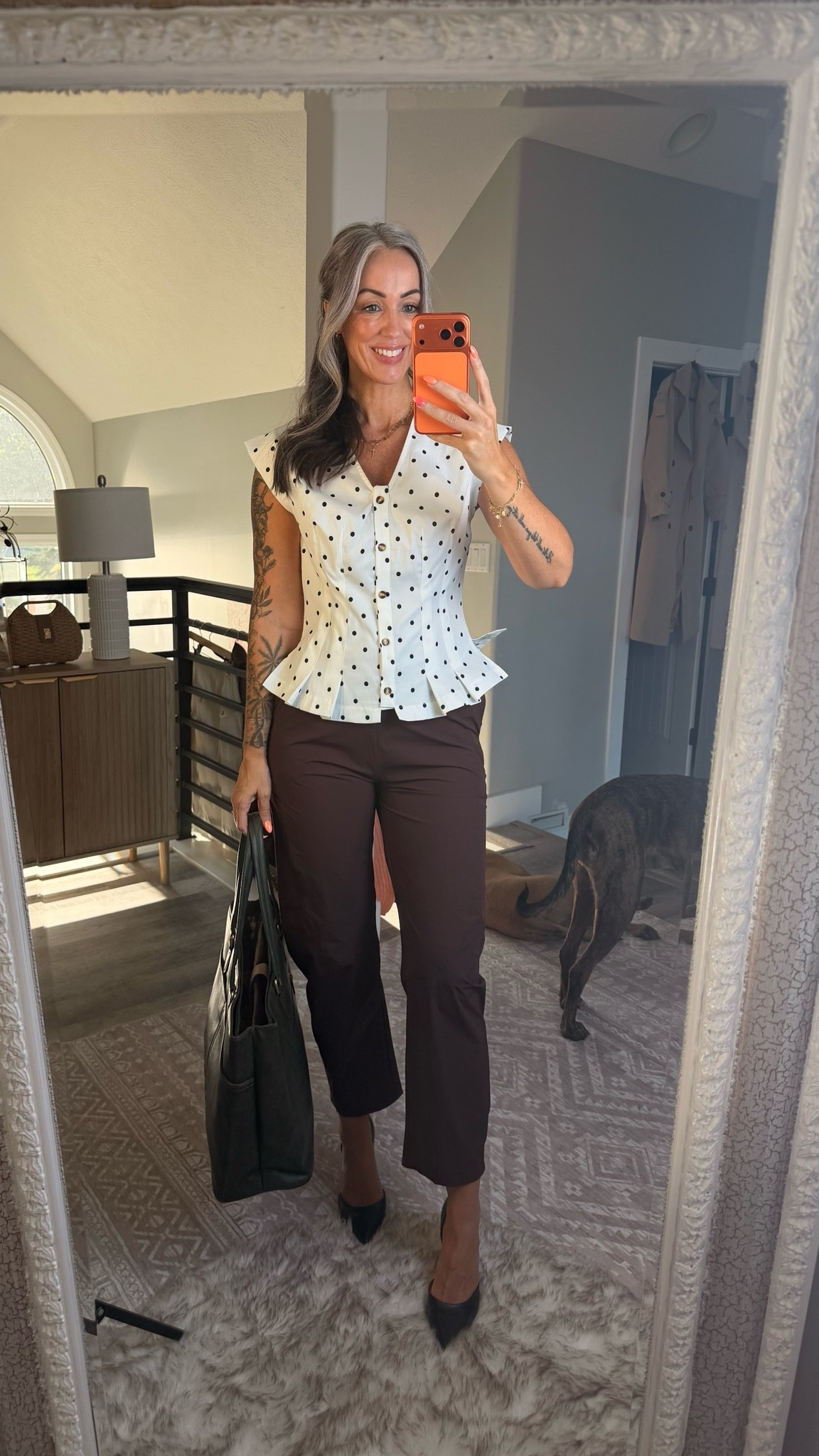 This peplum top is so cute! Wearing size M. The pants look great just be forewarned they are nylon material that “swooshes” when you walk! I’m wearing size Sm but could size up to M.

#LTKOver40 #LTKWorkwear