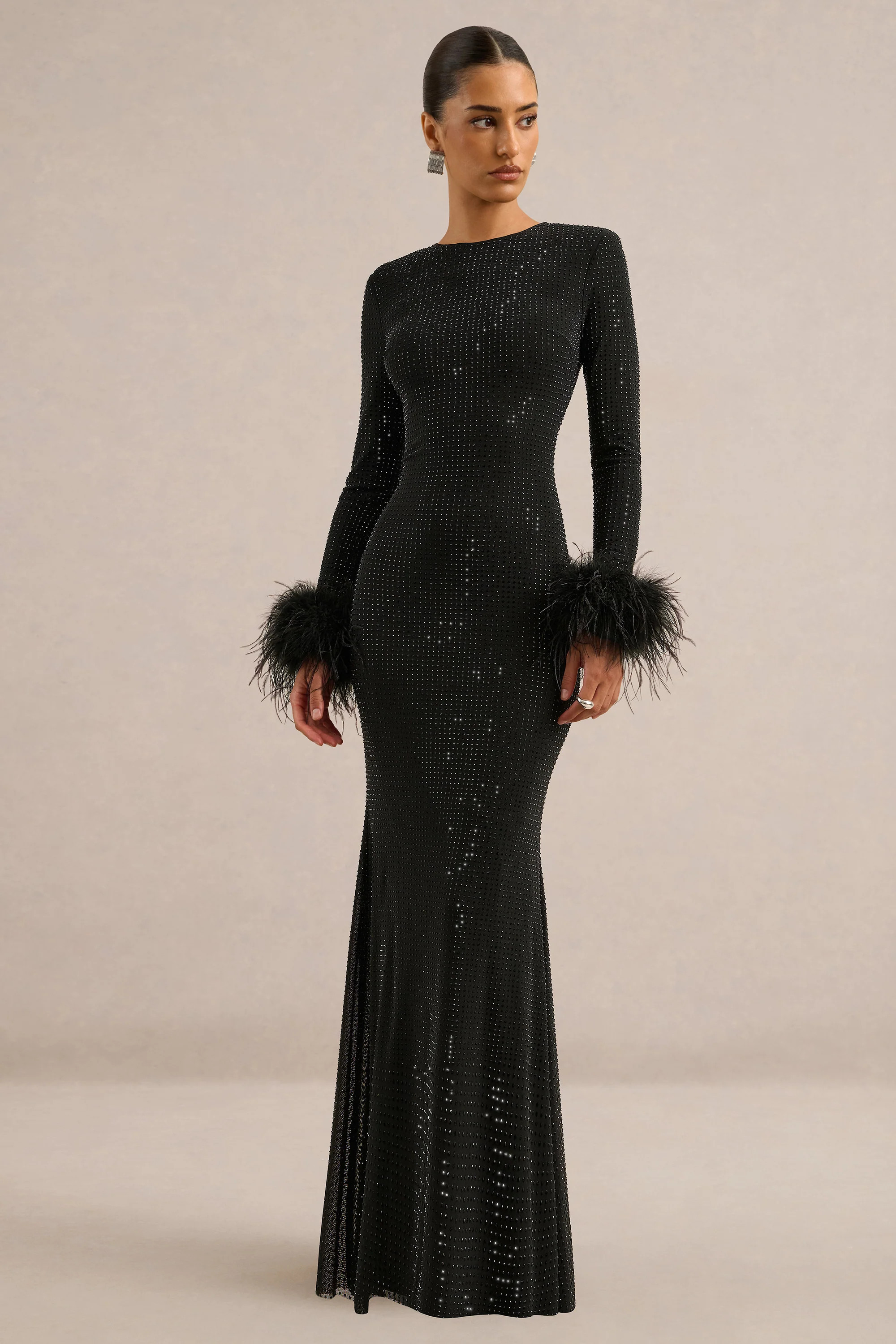 Garance | Black Embellished Round Neck Long Sleeve Maxi Dress With Det | Club L London