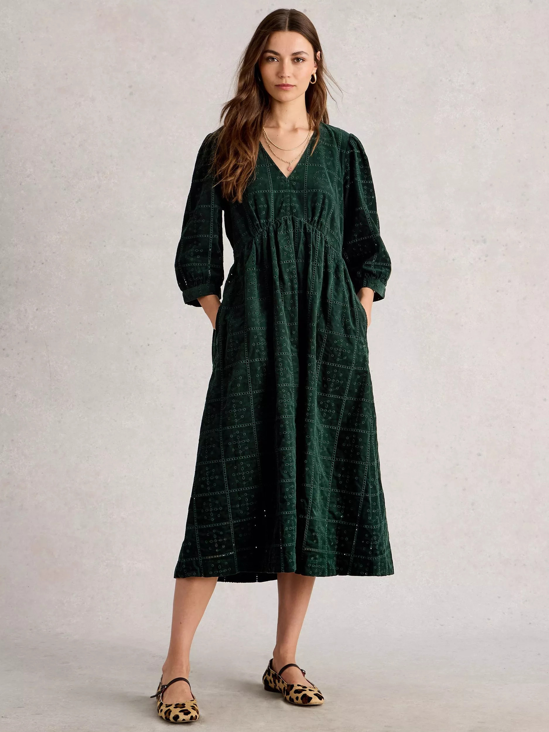 White Stuff Lucy Embroidered Corduroy Dress, Dk Green | John Lewis (UK)