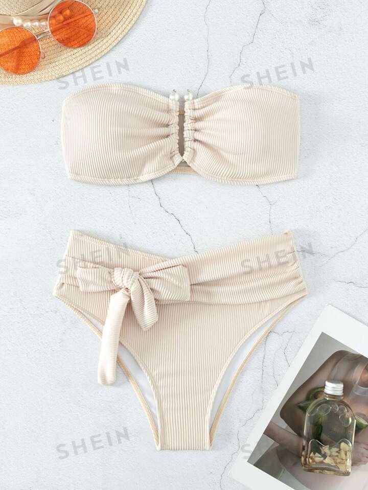 SHEIN Swim Basics Rib Bikini Set V Wired Bandeau Bra & Knot Front High Waisted Bottom 2 Piece Swi... | SHEIN