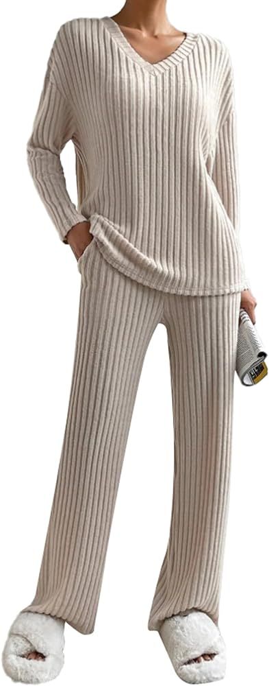 Aossfre Women's V Neck Tracksuit Ribbed Knit Long Sleeve Top with Elastic Waist Pants Lounge Set | Amazon (US)