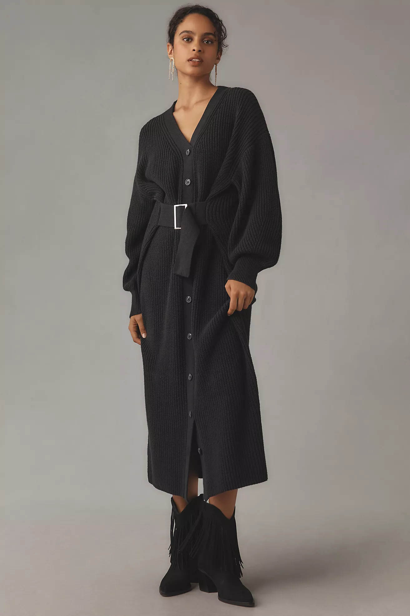 By Anthropologie Long-Sleeve Belted Cardigan Sweater Midi Dress | Anthropologie (US)