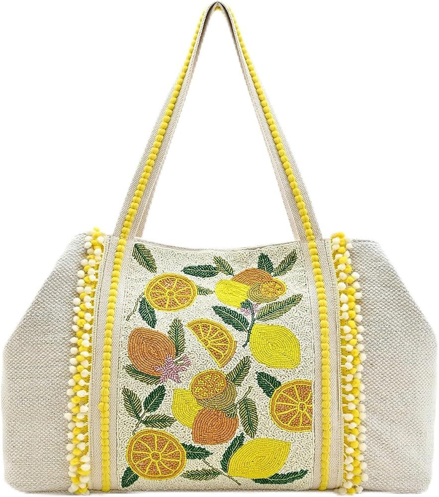 America & Beyond Make Lemonade Tote \u2013 24" X 13" X 6"- Lemon Yellow Hand-Beaded Summer Tote B... | Amazon (US)