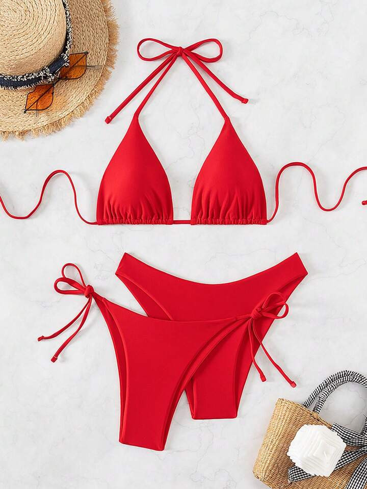 SHEIN Swim Women Summer Beach Neck-Hanging Triangle Cup Bikini Set 3 PCS | SHEIN