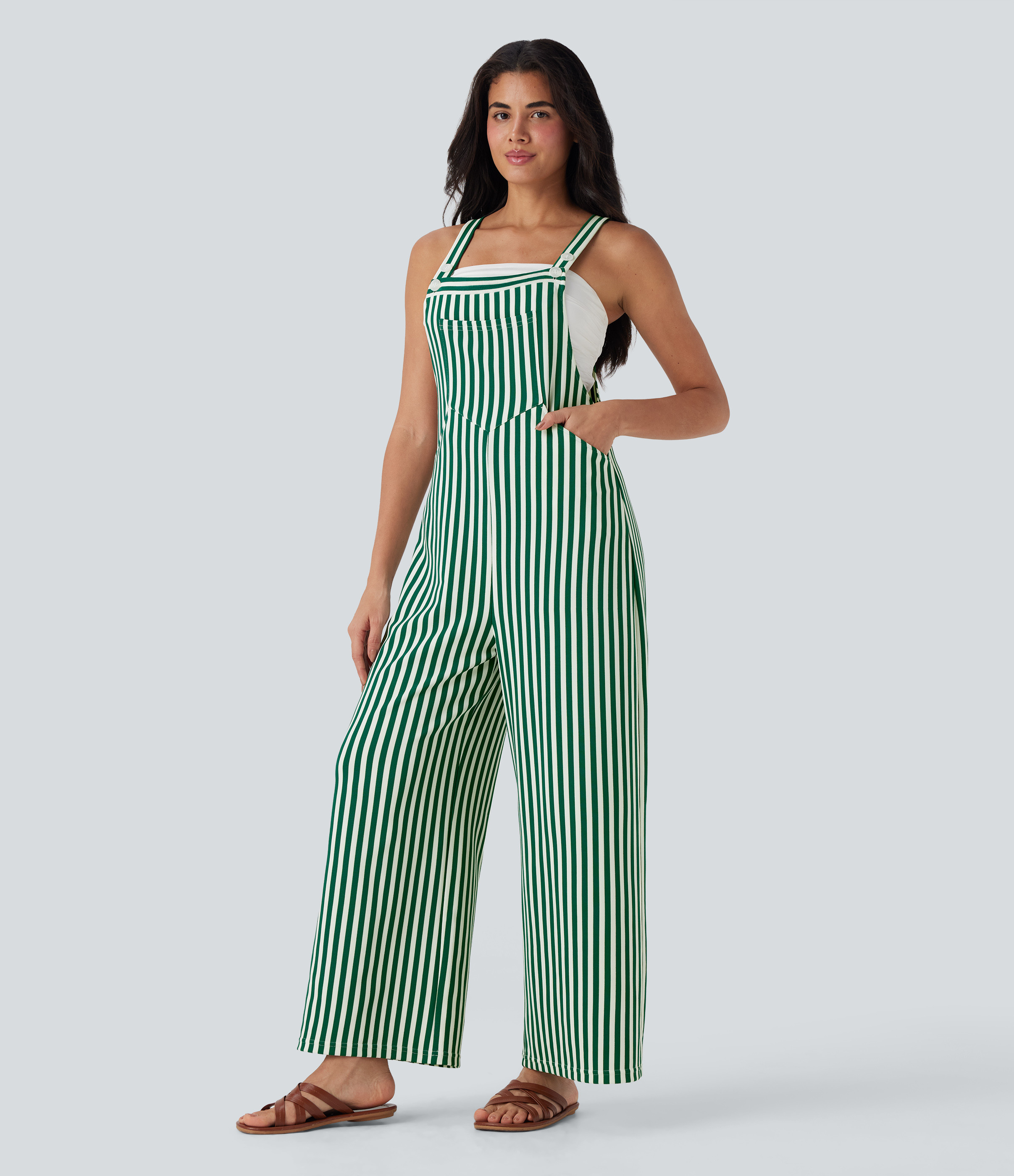 Halara Pockets Stripe Waffle Overalls - Pine Stripe - S(regular) | HALARA