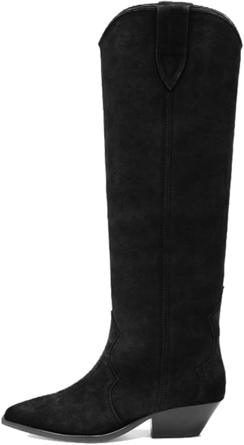 YIYA Women's Western Suede Cowboy Knee High Boots Classic Pointed Toe Chunky Low Heels Cowgirl Pu... | Amazon (US)