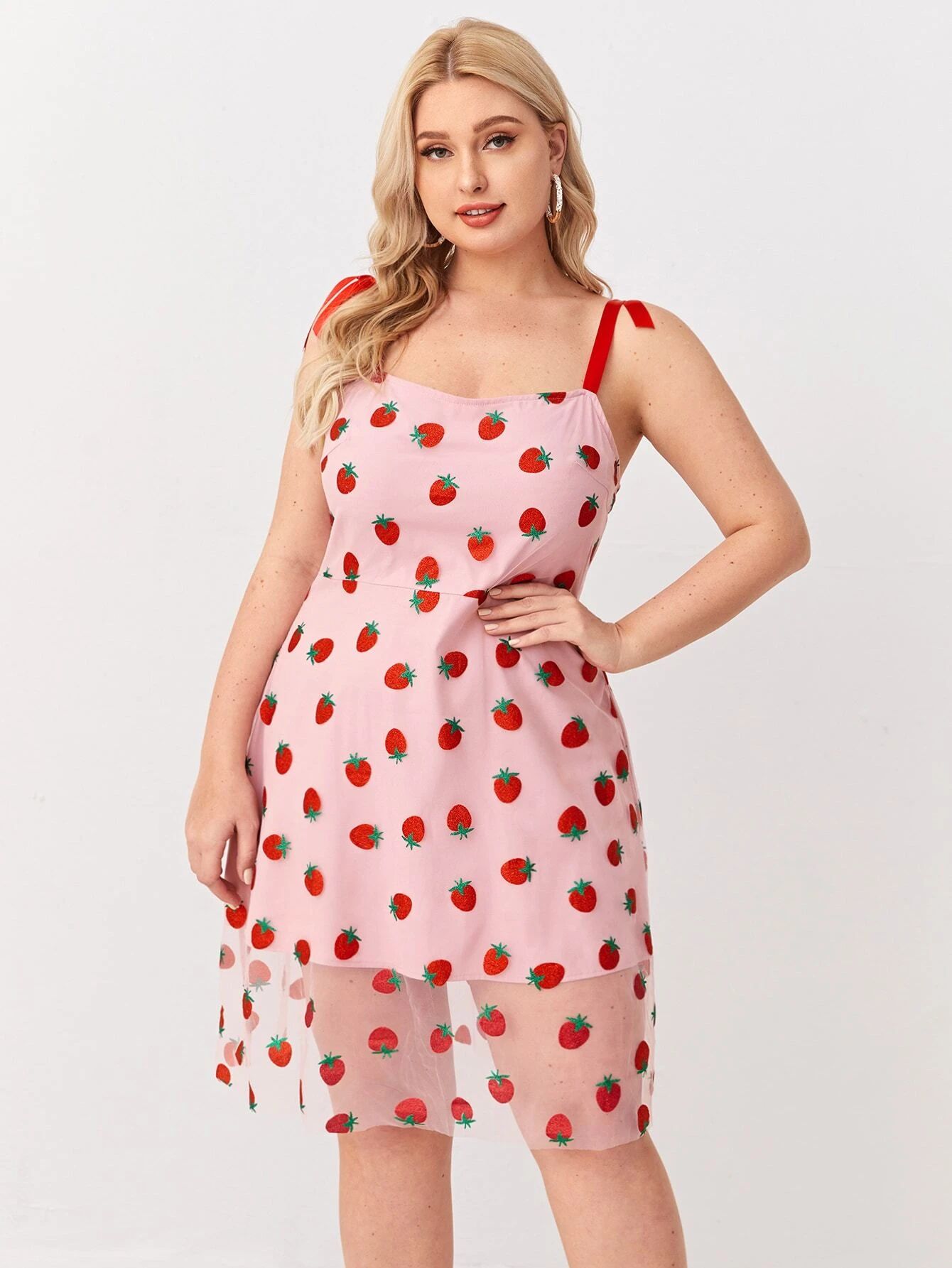 Plus Tie Shoulder Strawberry Embroidery Cami Dress | SHEIN