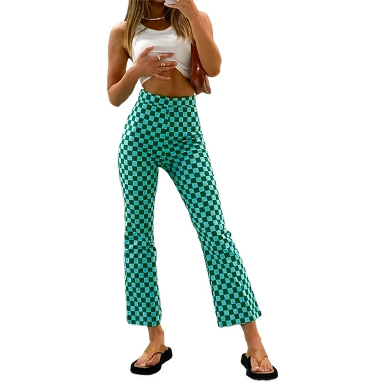 Canrulo Checkerboard Print Pants for Women High Waist Plaid Casual Trousers Pants Green L | Walmart (US)