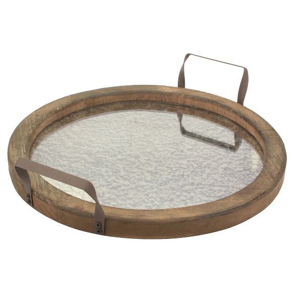 Round Rustic Wooden Tray with Distressed Mirror - Stonebriar | Target