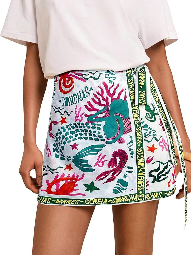 Women’s Summer Boho Skirts Floral Print Tie Knot Wrap Skirt Cute Tropical Ocean Graphic Mini Sh... | Amazon (US)