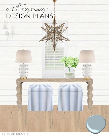 Design plans for our Florida entryway include a large gold Moravian star chandelier, a whitewashed rope console table, blue striped skirted ottomans, circle dot lamps, a white plaster sconce, paint dipped vase and faux hydrangeas. Get more details and additional design plans here: https://lifeonvirginiastreet.com/florida-design-plan-ideas/
.
#ltkhome #ltksalealert #ltkunder50 #ltkunder100 #ltkstyletip #ltkfind #ltkseasonal

#LTKSeasonal #LTKhome #LTKsalealert
