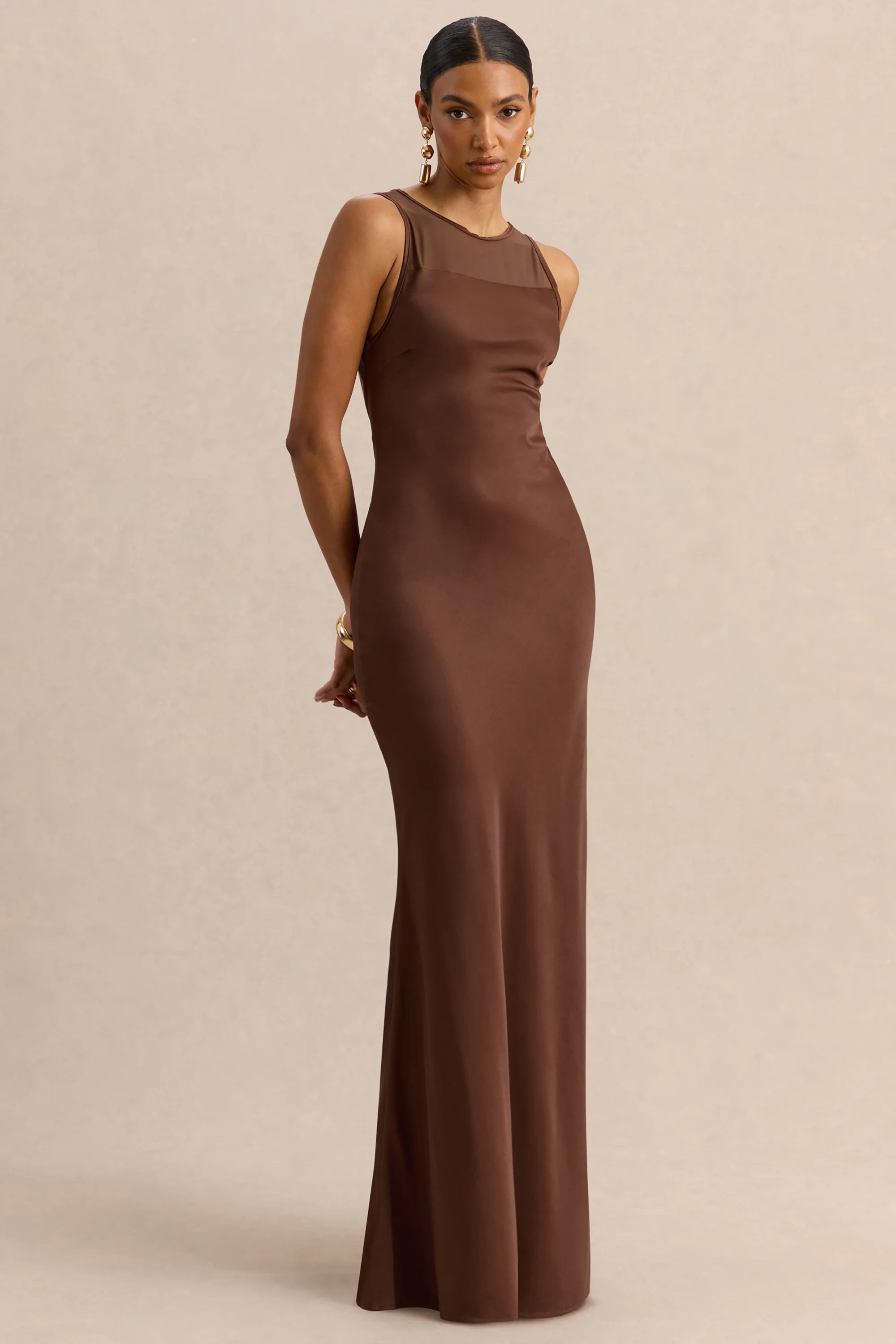 Avessia | Brown Satin Round-Neckline Maxi Dress With Sheer-Detailing | Club L London
