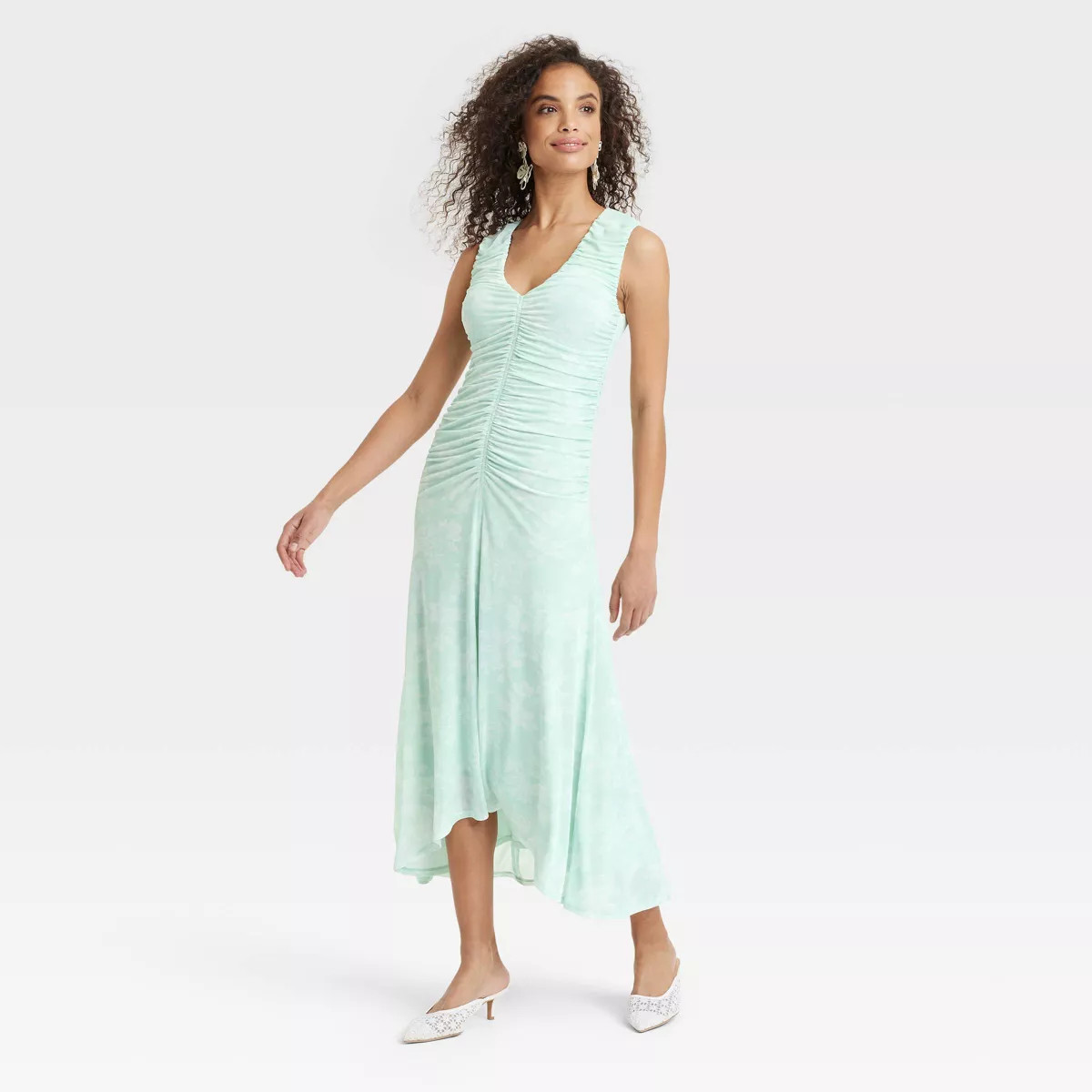Women's Ruched Midi Sundress - A New Day™ Green Floral XXL: Sleeveless V Neck Knit Pullover | Target