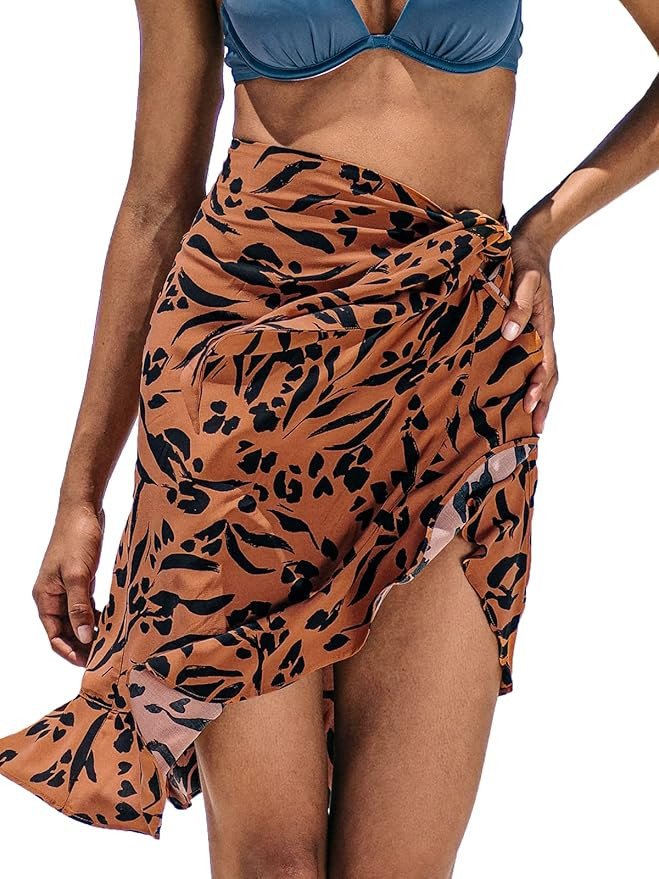 CUPSHE Women's Cover Up Ruffled Sarong Wild at Heart Absract Tan and Black, S | Amazon (US)