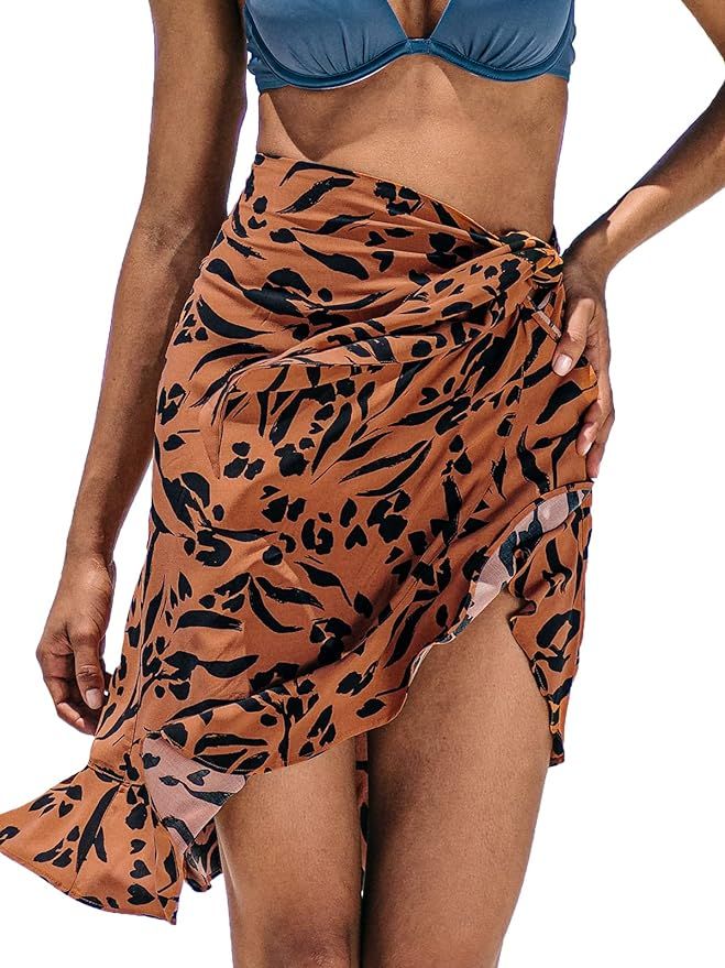CUPSHE Women's Cover Up Ruffled Sarong Wild at Heart Absract Tan and Black, S | Amazon (US)