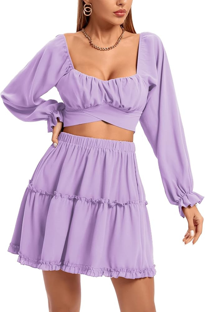 LYANER Women's 2 Piece Outfits Self Tie Knot Crop Top and Mini Skirt Set | Amazon (US)