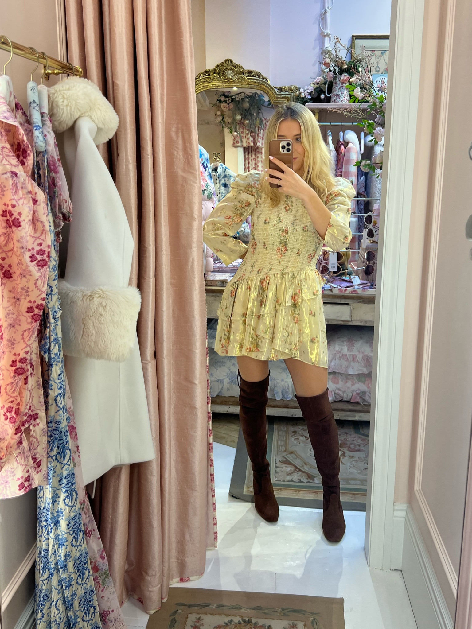 Love shack fancy dress - loveshackfancy dress - yellow dress - floaty dress - floaty yellow dress - stuart weitzman boots - knee high boots - over the knee boots 

#LTKshoecrush #LTKtravel #LTKHoliday