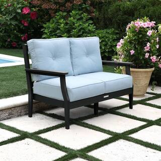 Lehigh Black Recycled Plastic Outdoor Deep Seating Loveseat with Sunbrella Bliss Dew Cushions | The Home Depot
