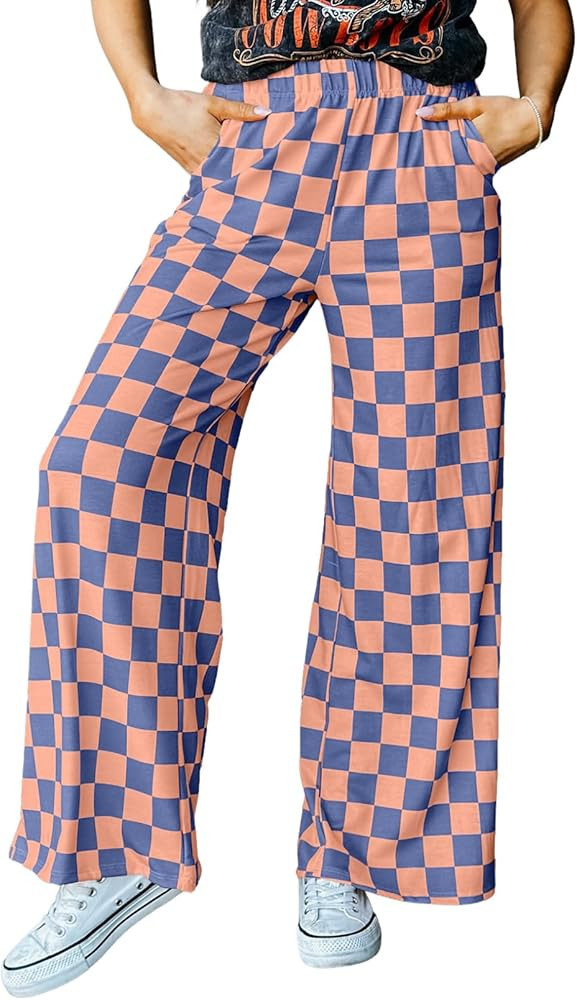 Acelitt Womens Casual Checkered Pants Elastic Waist Comfy Loose Wide Leg Pants with Pockets | Amazon (US)