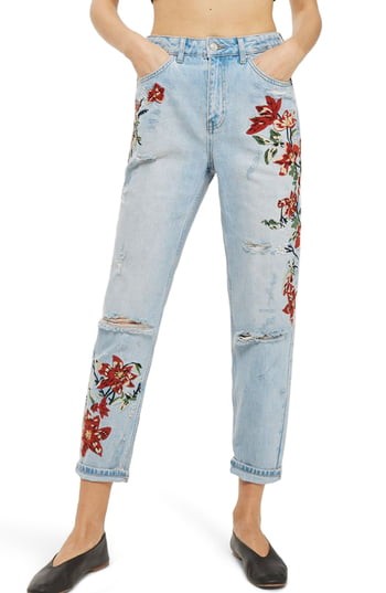 Petite Women's Topshop Fire Flower High Rise Ripped Mom Jeans | Nordstrom