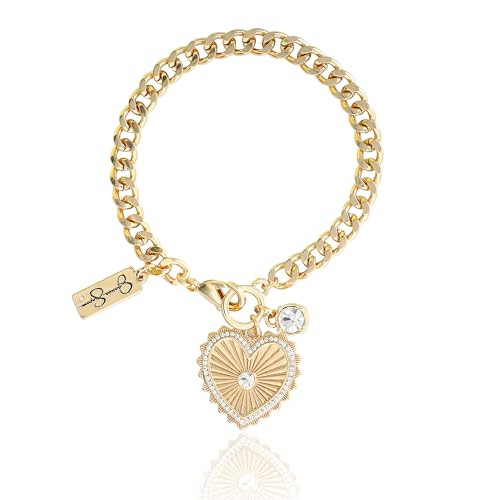 Jessica Simpson Womens Heart Charm Bracelet - 7.5" Gold-Tone Charm Bracelet with Rhinestone Embellishments | Amazon (US)