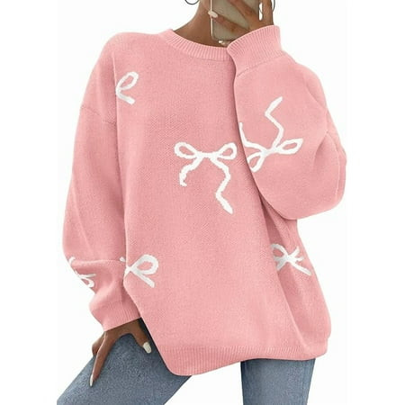 PRETTYGARDEN Fall Long Sleeve Pullover Sweaters for Women Trendy Crewneck Casual Cute Bow Chunky Knit Oversized Sweater | Walmart (US)