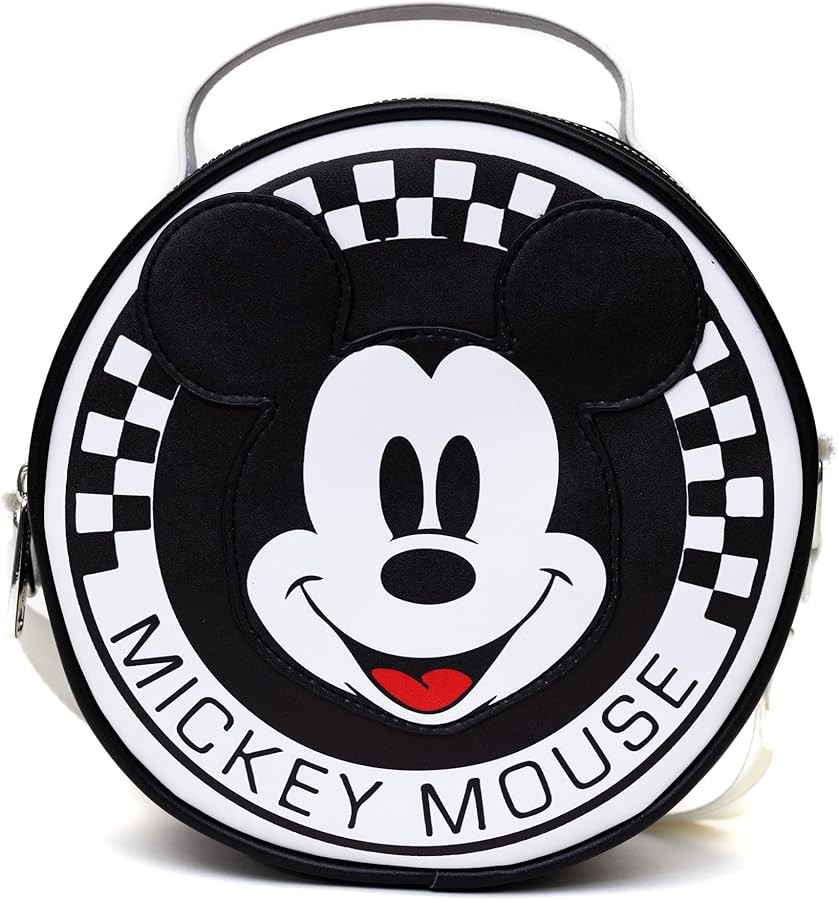 Disney Bag, Crossbody, Round, Mickey Mouse Smiling Face Applique Checker White Black, Vegan Leather | Amazon (US)