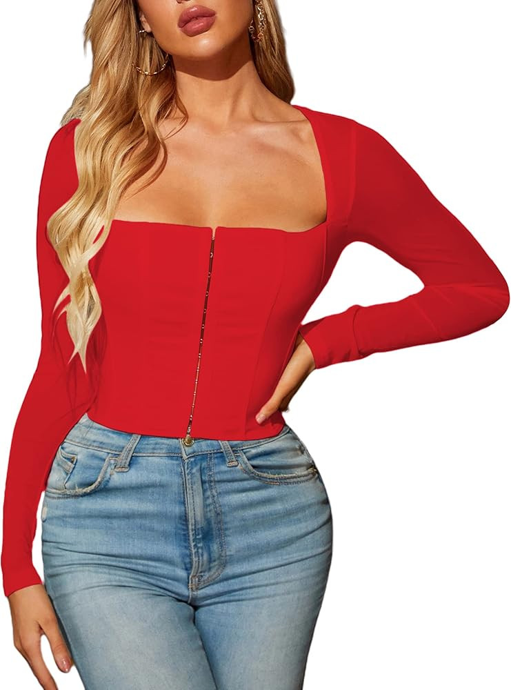 Remidoo Women's Sexy Square Neck Mesh Long Sleeve Bustier Corset Crop Top Clubwear | Amazon (US)