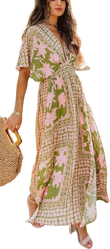 chouyatou Women Flowy Short Sleeve Warp Floral Dress Boho Long Maxi Beach Dress with Split | Amazon (US)