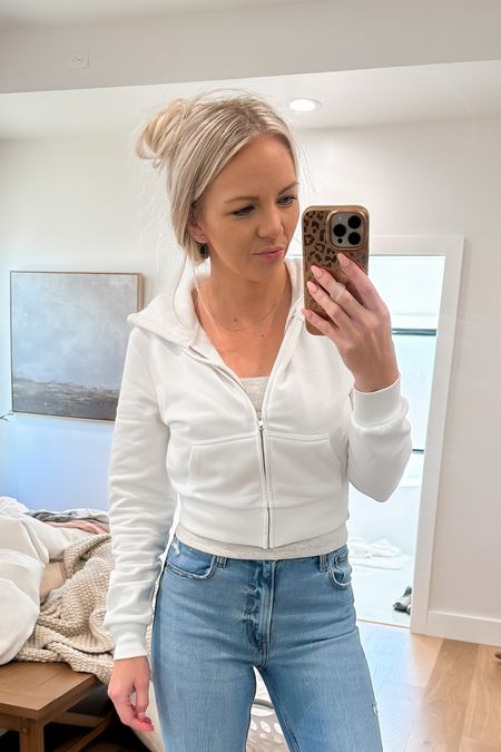 A more budget-friendly cropped zip up jacket option! This one comes in white, black and olive green. It is definitely lighter than the Abercrombie one, but still really cute. Size up one! Wishing I would have gotten the medium - and might still reorder and give this one to Daph. 
.
.
Spring style zip up casual hoodie inspo minimal neutral white sneakers skinny jeans 

#LTKstyletip #LTKFind #LTKunder50