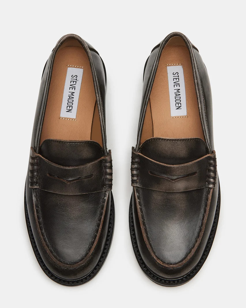 MADISON Brown Distressed Penny Loafer | Women's Loafers | Steve Madden (US)