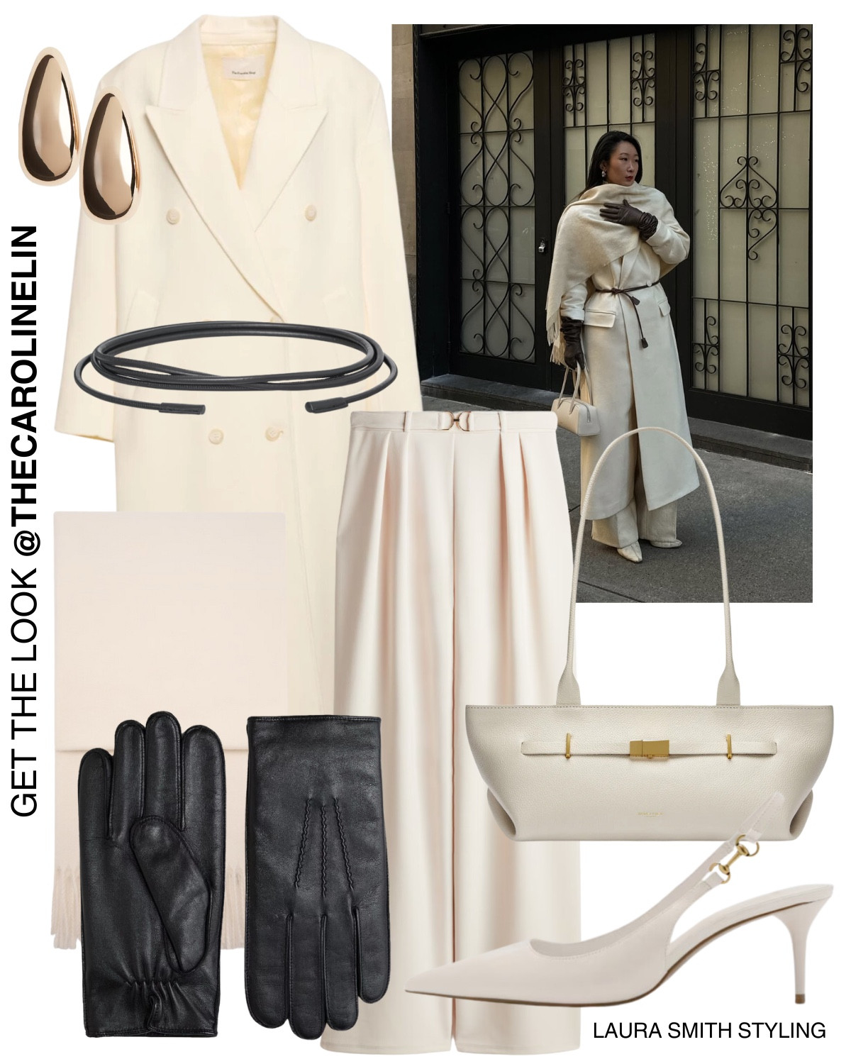 Winter White Outfit. 

Including white double breast coat, white tailored trousers, white scarf, white long handle handbag, leather gloves, leather tie belt, gold dome earrings  

#LTKwinter #LTKuk #LTKstyletip