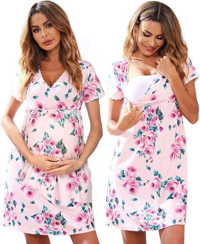 Ekouaer Women 3 in 1 Delivery/Labor/Maternity/Nursing Nightgown Short Sleeve Pleated Breastfeedin... | Amazon (US)