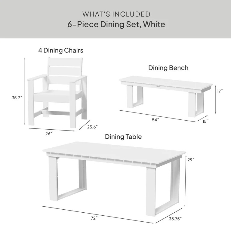 Better Homes & Gardens Ezra 6-Piece Outdoor HDPE Dining Set with Bench, White - Walmart.com | Walmart (US)