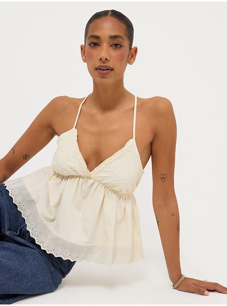 Light Yellow V Neck Broderie Peplum Cami | George