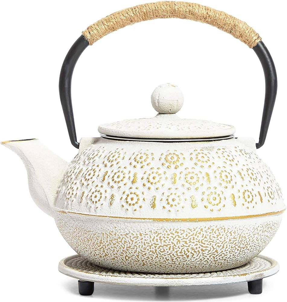 Juvale 3 Piece Set White Japanese Cast Iron Teapot - Loose Leaf Tetsubin with Handle, Stainless S... | Amazon (US)